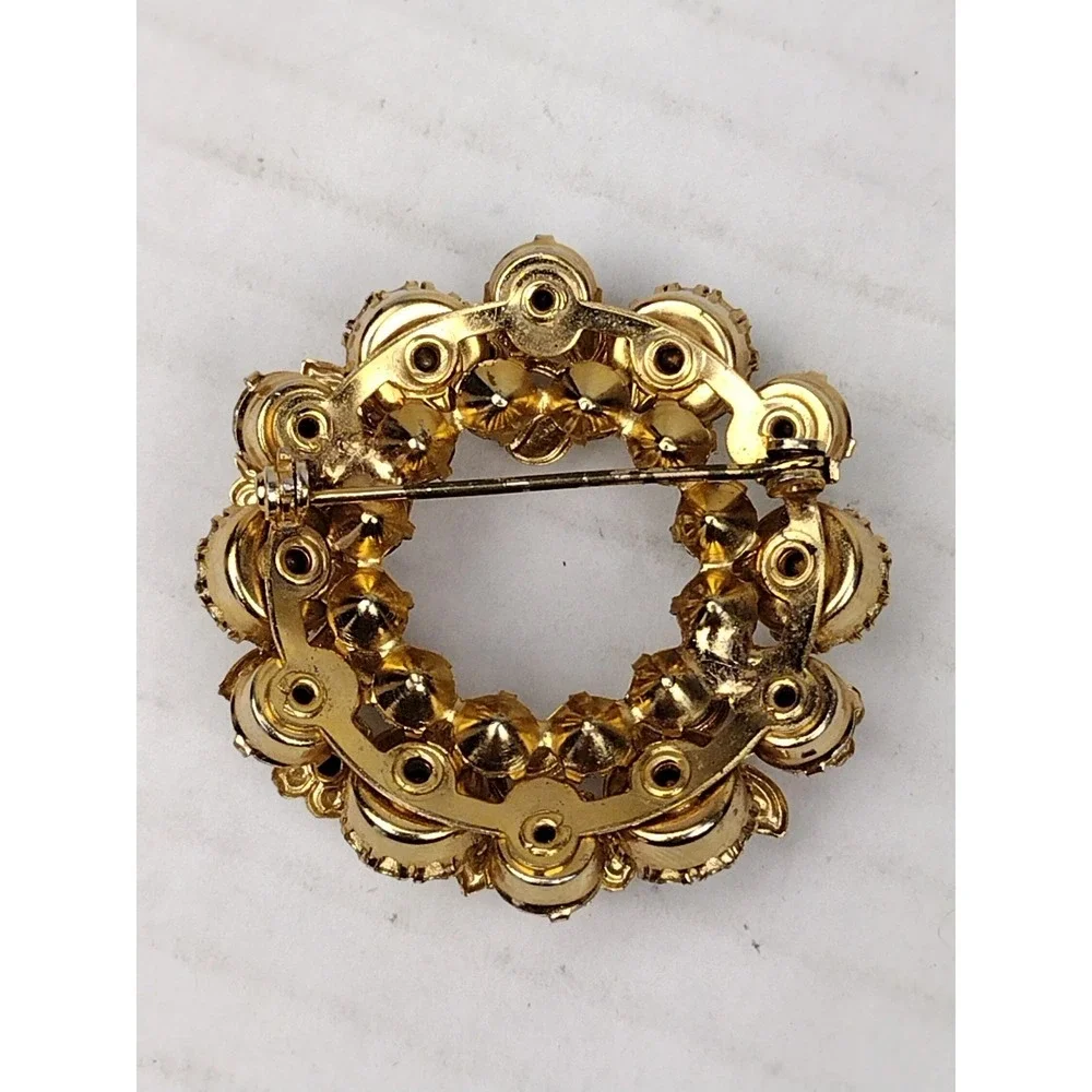 Vintage Floral Yellow and Green Open Back Rhinestone Daisy Flower Brooch 1960s